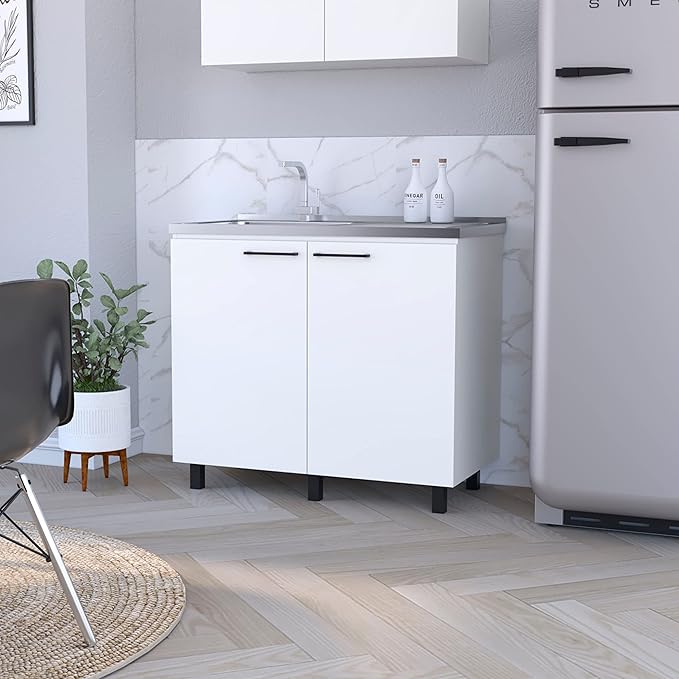 Oklahoma 2 Utility Sink & Cabinet, Interior Shelf, Aluminum Countertop,White -Kitchen Room