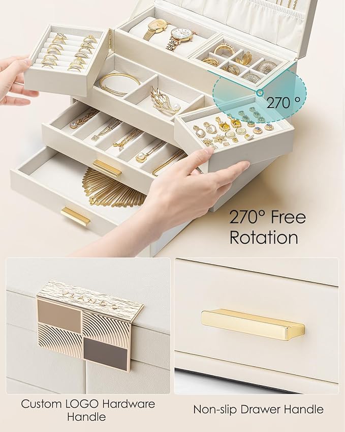 Vlando 4 Layers Jewelry Box - Women Jewelry Box with Retractable Tray - Jewelry Organizer with Drawer for Necklaces, Rings, Bracelets, Earrings, Gift for Couples Mom Girls - Could White