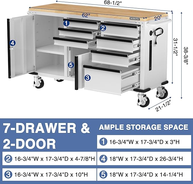 WORKPRO 62" Rolling Tool Chest, Heavy Duty Mobile Tool Storage Cabinet with 7-Drawer & 2-Door, Power Strip, Locking System, 1000 LBS Capacity Rolling Cabinet for Garage, Kitchen & Warehouse
