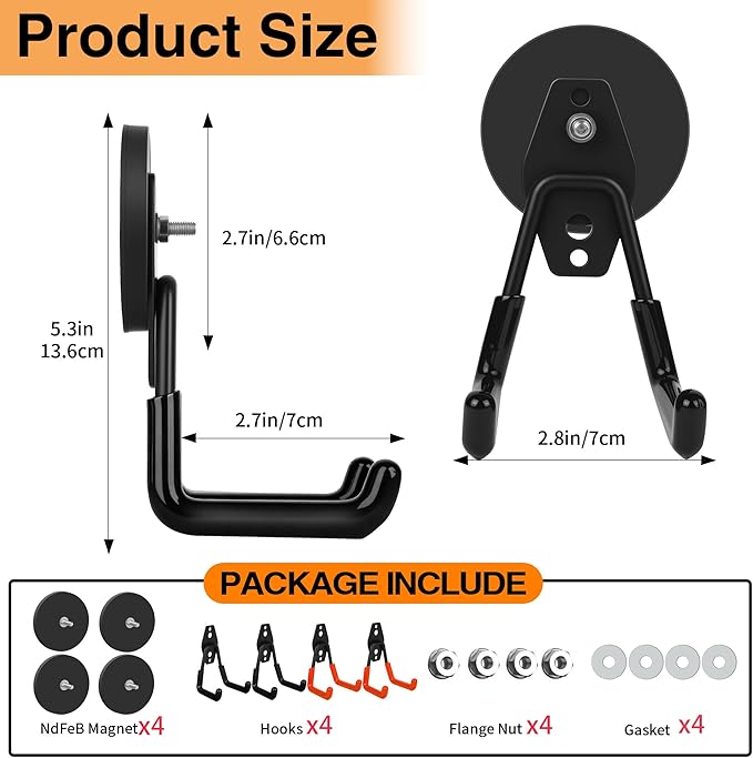 4 Pack Strong Magnet Hooks Heavy Duty, Rubber Coated No Damage Hook for Garage Storage, Dual Hook Design, Large Magnetic Hangers for Tools, Garden, Workshop (Orange2pcs + Black2pcs)