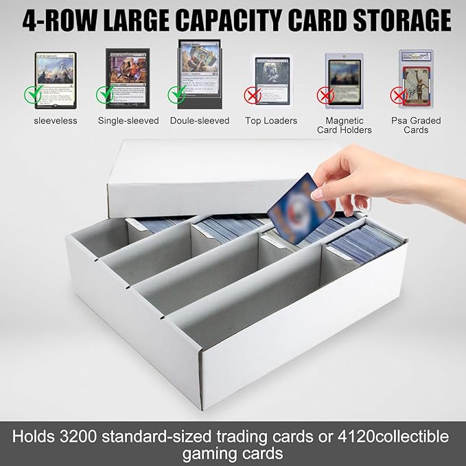 4 Row Trading Card Storage Box, 5 Pack 3200 Count White Cardboard Storage Box with Supporters and Divider for Basketball/MTG/TCG/Sports/Game Cards Organizer and Collection