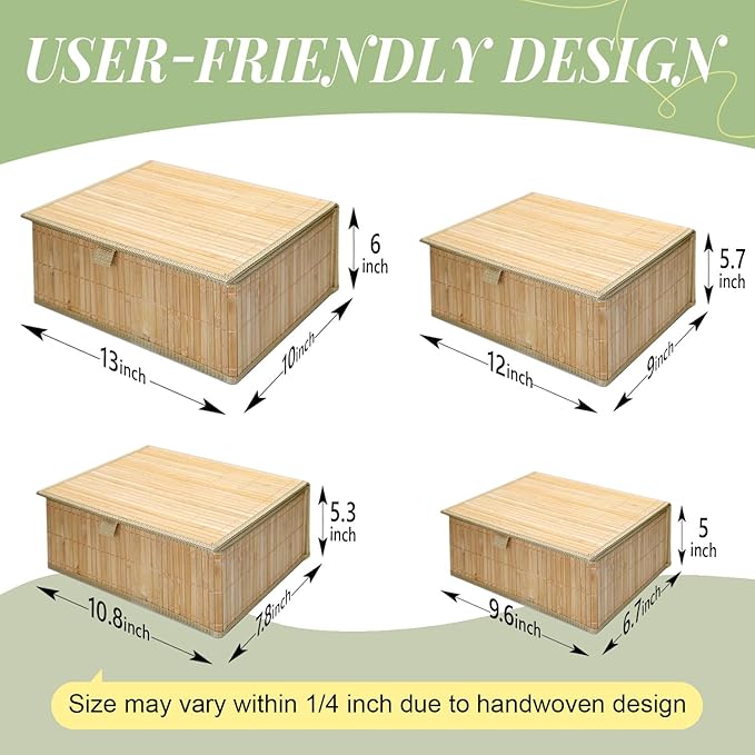 Wicker Basket With Lid Bamboo Storage Box for Shelf Bamboo Decor Storage Boxes With Lids-Rectangle Decorative Basket With Lid Organizer for Bedroom,Living Room (Set of 4,natural)