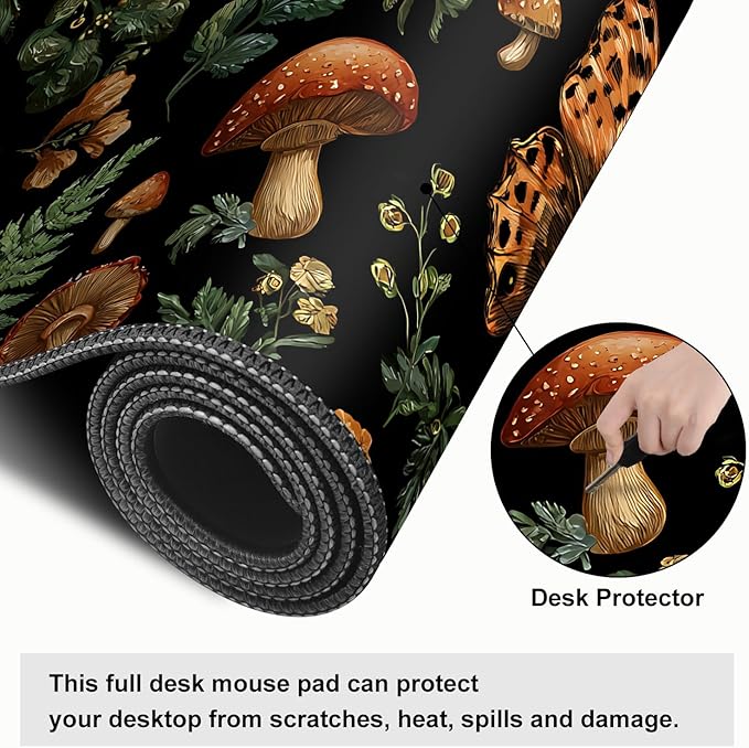 Vintage Butterfly Mushroom Mouse Pad – Large Extended Desk Mat 31.5 x 11.8 in– Dark Forest Aesthetic with Ferns & Fungi, Waterproof Surface, Non-Slip Rubber Base, Keyboard & Mouse Pad