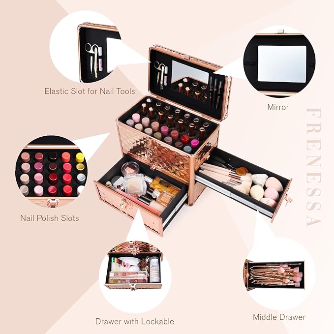 Makeup Train Case Professional Makeup Organizer Case with Drawer Mirror Extra Large Makeup Manicure Accessory with Dividers Travel Cosmetic Case for Cosmetologist Nail Tech Kits Makeup Case Rose Gold