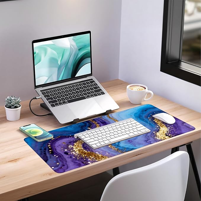Blue and Gold Stripes Gaming Mouse Pad 35.4"x15.7"Desk Mat Anti-Slip Rubber Base & Durable Stitched Edges for Gamers Smooth Mouse Writing Surface for Desk Office/Home