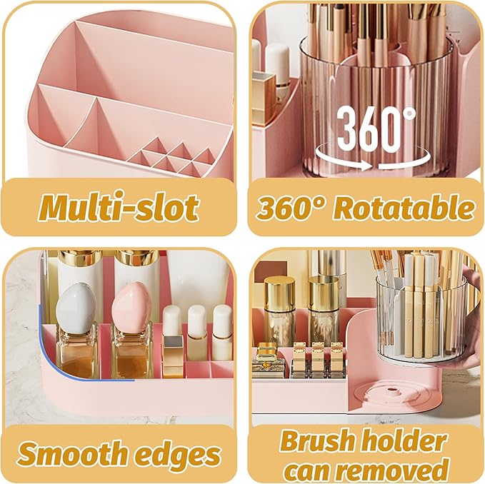DASITON Large Capacity Makeup Organizer with 360° Rotating Makeup Brush Holder, Perfume and Skincare Storage Organizers for Vanity Bathroom Countertop, Cosmetic Display Case (Pink, 1 Tier)