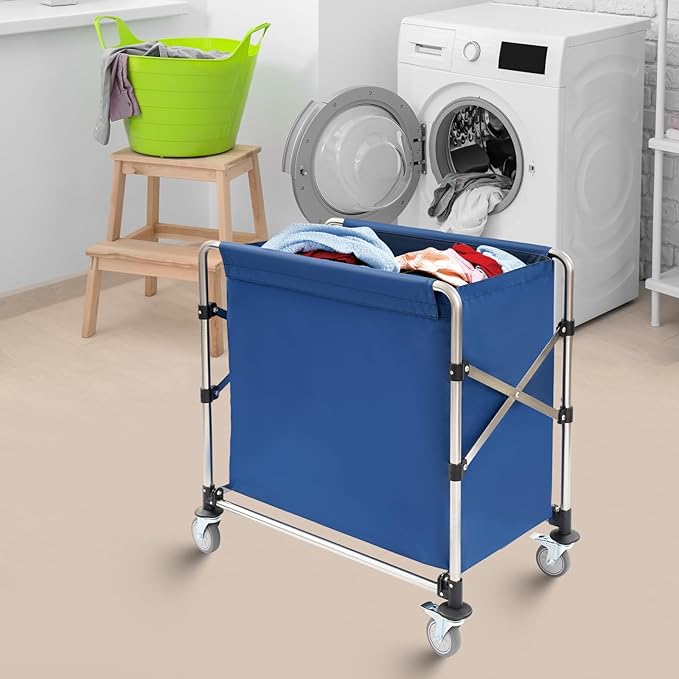 Commercial Laundry Cart with Wheels,Folding Laundry Hamper Cart,Heavy Duty Rolling Basket with Large Capacity,Sorter Trolley for Home Hotel Apartment (Blue, 34.25 * 19.7 * 36.22in)