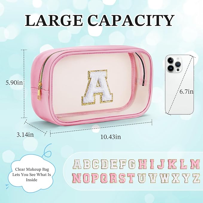 YOOLIFE Initial Make Up Bag Travel Toiletry Bag, Clear Makeup Bag Preppy Cosmetic Bags Organizer Travel Essentials Pink Gifts for Women Teen Girlfriend Teacher Bridesmaid Birthday Mothers day Gifts Q