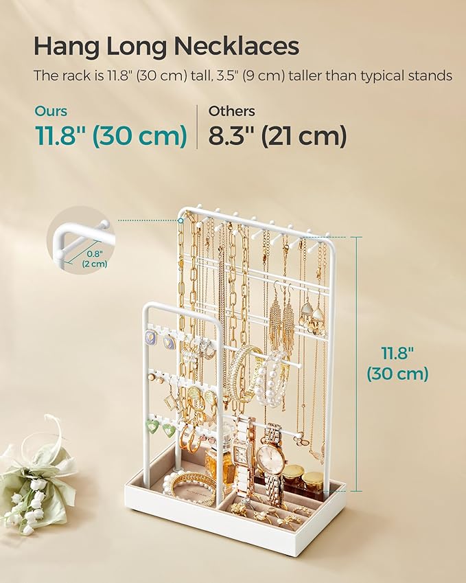 SONGMICS Jewelry Holder, Jewelry Organizer, Jewelry Display Stand with Metal Frame, Velvet Tray, Necklace Earring Bracelet Holder, for Studs, Rings, Christmas Gift, Matte White UJJS021W01