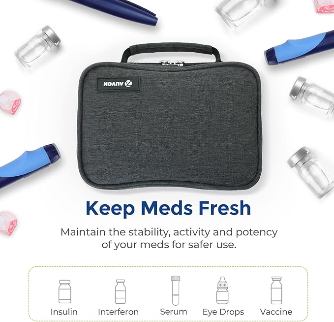 AUVON Large Insulin Cooler Travel Case, Longer Cooling Effect with 4 * 160g Ice Packs, Compact Medication Cooler Bag for 8 Insulin Pens and Diabetic Supplies, Ideal Travel Partner with Handle Design