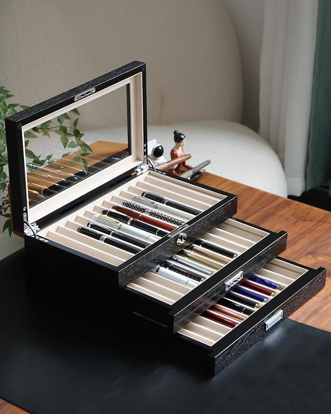 wood pen display case 36 slot Fountain pen Box storage Organizer with drawer, Top Glass Window Pen Collection Display Case