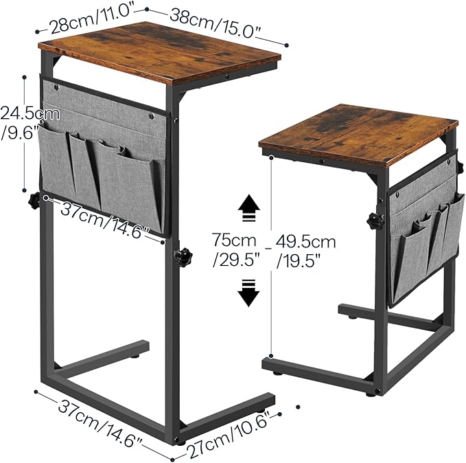 HOOBRO C Shaped End Table, Set of 2, 29.5’’ Adjustable Height Side Table with Storage Pockets, Couch Table Slide Under for Sofa, Small Space, for Living Room, Rustic Brown and Black BF77SFP201