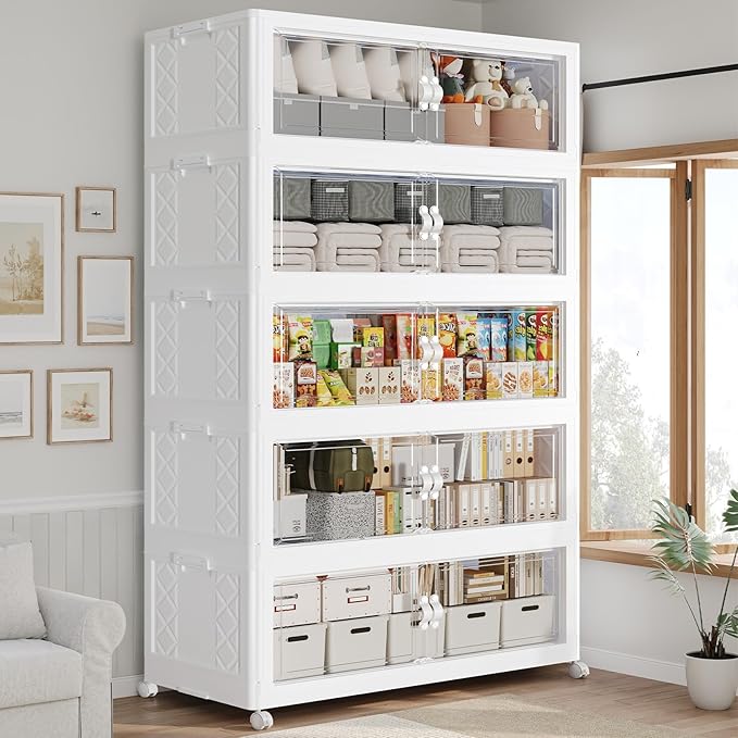 900QT Extra Large Stackable Storage Bins with Lid, 225Gal Collapsible Closet Organizer Box with Wheels, Folding Plastic Storage Cabinet with Doors for Home Kitchen Office Dorm, 5Pack White