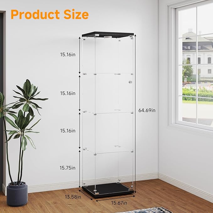 Tempered Glass Display Cabinet with Lights, 4-Tier Curio Cabinet with Glass Doors and Lock, Glass Display Case for Collectibles, for Living Room, Bedroom, Office, Black, Single Door