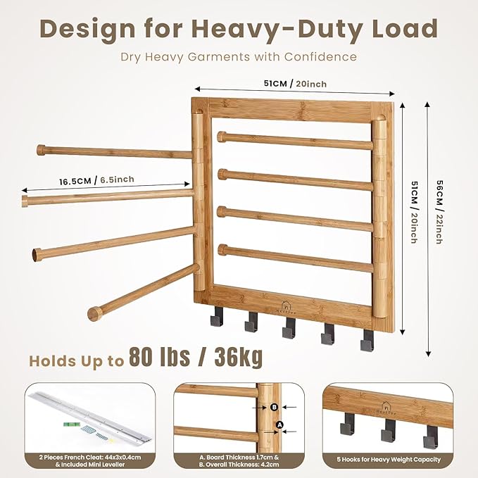 Bamboo Wall Mount Drying Rack for Laundry – Collapsible Foldable Clothes Dryer with 8 Arms & 5 Hooks, Space-Saving Laundry Hanger Dryer Rack, 20 Inch, 80 lb Capacity (Natural)