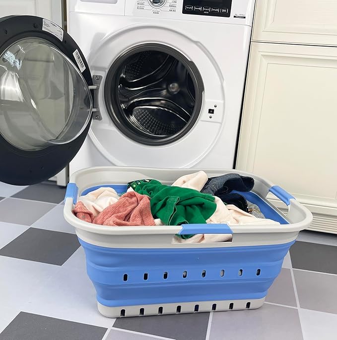 SAMMART 42L (11 gallon) Collapsible Plastic Laundry Basket - Foldable Pop Up Storage Container/Organizer - Space Saving Hamper/Basket (Grey/Little Boy Blue)