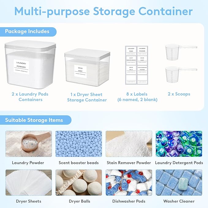 Lifewit 2+1 Laundry Pods Container & Dryer Sheet Holder, Large Powder Detergent Dispenser Storage Jars, Laundry Room Containers for Scent Booster Beads with Pop up Lids, Labels and Scoop