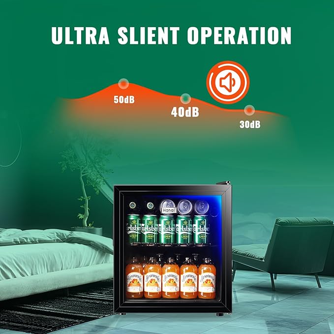 WANAI Mini Fridge Glass Door 58 Cans Beverage Cooler Refrigerator Small Beer Fridge 1.7 cu.ft Organizer for Drinks Soda Wine Small Refrigerator with Blue LED for Home Office Dorm