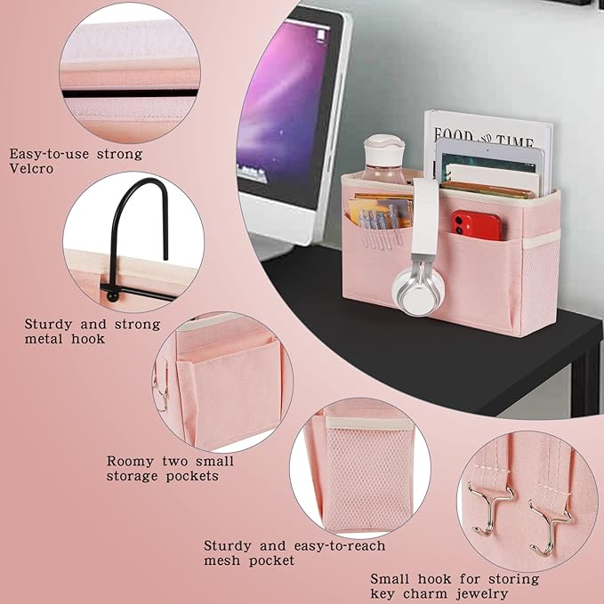 Bedside Caddy Bedside Storage Organizer Hanging Bunk Bed Dorm Room with Side Pockets for Water Bottles, Books, Cell Phones, Headphones (Pink)