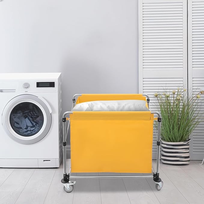 Commercial Laundry Cart with Wheels,Folding Laundry Hamper Cart,Heavy Duty Rolling Laundry Basket with Large Capacity,Laundry Sorter Trolley for Home Hotel Apartment (Yellow, 35.43 * 23.62 * 34.65in)