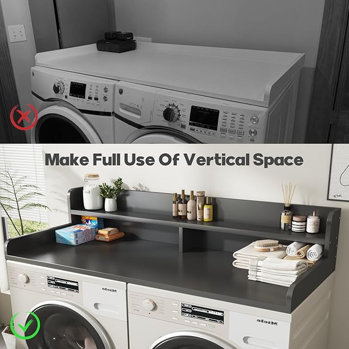 2-Tier Washer and Dryer Countertop with 2.75" H Guard,58" W x 28" D Laundry Countertop Cover with Non-Slip Pad,Large Space Laundry Topper for Folding Clothes Over Washer and Dryer-Black