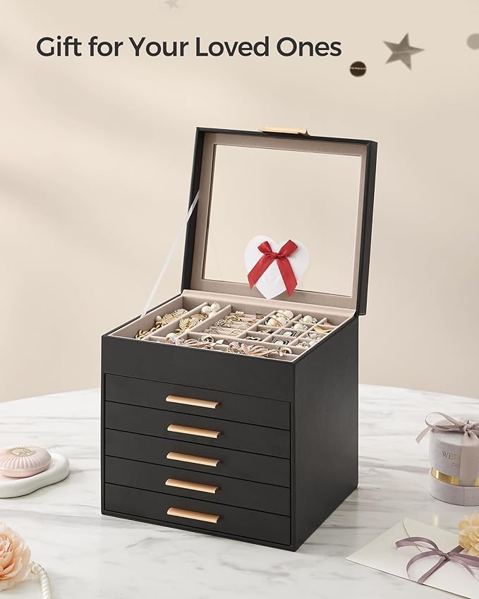 SONGMICS Jewelry Box Organizer with Glass Lid, 6-Layer Jewelry Storage, with 5 Drawers, Modern Style, Christmas Gift, 8 x 9.1 x 9 Inches, Graphite Black and Gold Color UJBC176B01
