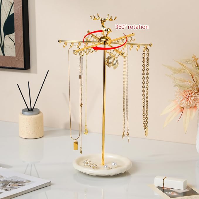 Necklace Holder Jewelry Stand, Rotating Necklace Holder Organizer with 48 Hooks for Necklace Earring Keychains Bracelet Display Stand, Metal Necklace Tree Stand -Women Gifts (Gold)