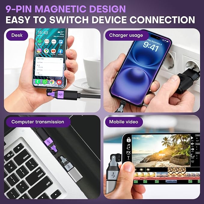 Mini USB A to C Magnetic Adapter 2 Pack, 480 Mbps USBC Male to USB 2.0 Female Adapter, USB C 90 Degree Right Angle Adaptor 180 & 360 Rotation 9PIN OTG Extender Connecter for Thumb Drive
