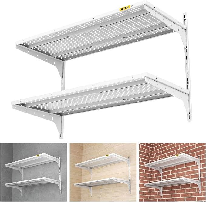 1pack×2 Tier 1.3x3ft Garage Shelving Wall Mounted, 250lbs Load Capacity,15.6x36inch per Shelf Height Cassette Adjustable Floating Shelves(White)