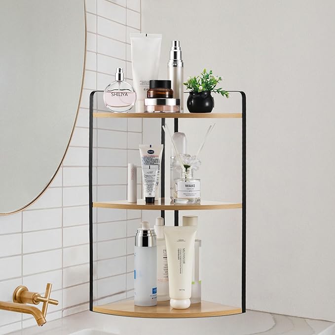 3 Tier Corner Bathroom Counter Organizer, Countertop Organizer, Vanity Organizers, Bathroom Storage Sink Shelf, Wooden and Metal Counter Shelf, Corner Counter (Rustic Walnut)