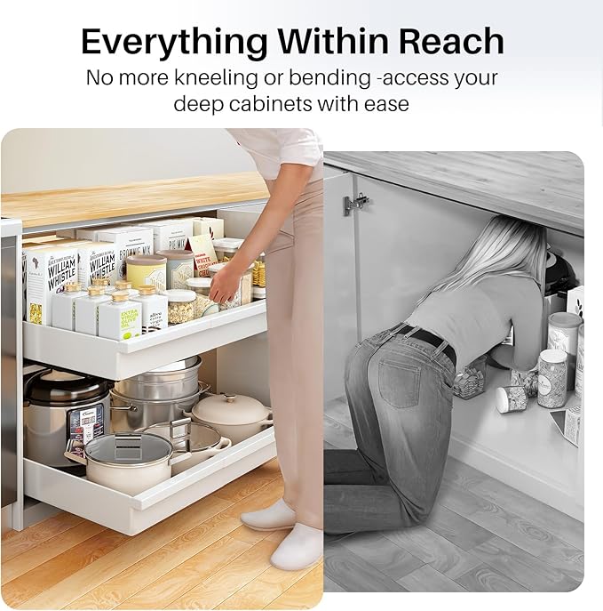 Pull out Cabinet Organizer, 2-Pack Expandable(13.6"-24") Silde out Drawers with Raising Pad for Framed Cabinets, Adjustable Full-Extension Adhesive Roll out Shelves for Kitchen Pantry Home Pot and Pan