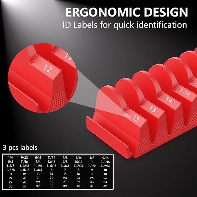 80 pcs MAGNETIC Modular Wrench Organizers for Tool Drawers - Wrench Rack with Metric & SAE Labels, Perfect Tool Storage Holder. Gift for father, brother and boyfriend (With Magent) (Black and Red)