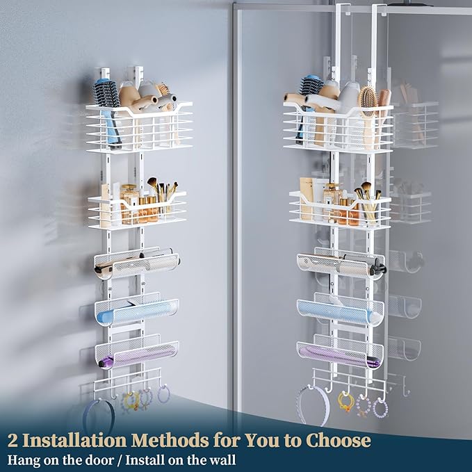 Consumest 6-Tier Hair Tool Organizer - Hair Dryer Holder Over The Door/Wall Mounted DIY Adjustable Shelf Bathroom Door Organizer with Hook for Curling Iron/Blow Dryer/Straightener White