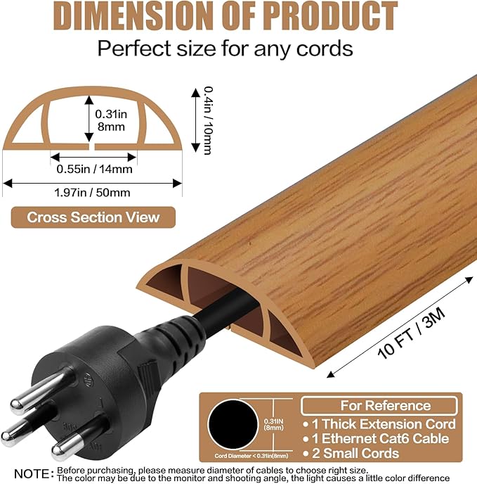 Floor Cord Cover Self Adhesive Cord Hider,10FT Cable Management, Extension Strip Protector for Wires, Prevent Cable Trips for Offices, Gyms, Exhibitions Cavity:0.47"(W) x 0.35"(H) Brown Wood