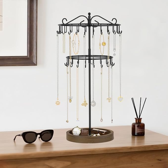 iDavosic.ly 2 Tier Rotating Necklace Holder Organizer with Wooden Jewelry Tray, Adjustable Metal Bracelet Display Stand with 42 Hooks, Extra Tall Keychain Spinning Tree Tower for Women, Black