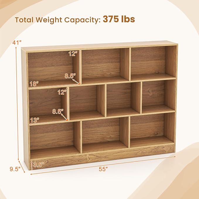 Giantex 10 Cube Bookcase, 4-Tier Freestanding Bookshelf w/ 10 Open Compartments, 2 Anti-Tipping Kits, Modern Display Cabinet, 41" Wood Cubby Storage Organizer for Living Room, Bedroom, Natural