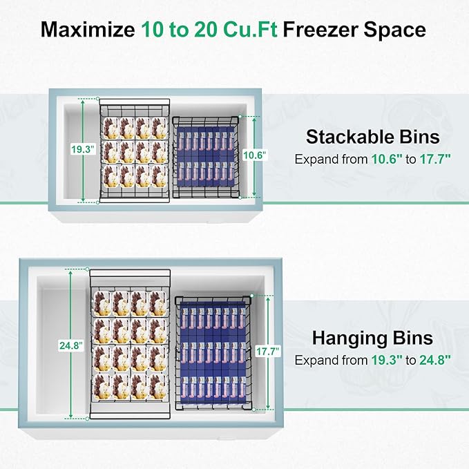 iSPECLE Deep Freezer Organizer Bins - 3 Pack Large Freezer organizer Bins, Hanging Basket Expands to 22.6" (L), Stackable Bins Expand to 17.1"(L), Fit 10 to 20 Cu.FT, 1 Hanging & 2 Stacking, Black