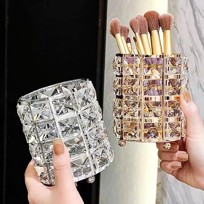 Silver Crystal Makeup Brushes Holder Organizer for Cosmetics Comb Brushes, Eyebrow Pen Pencil Storage Case Container, Silver