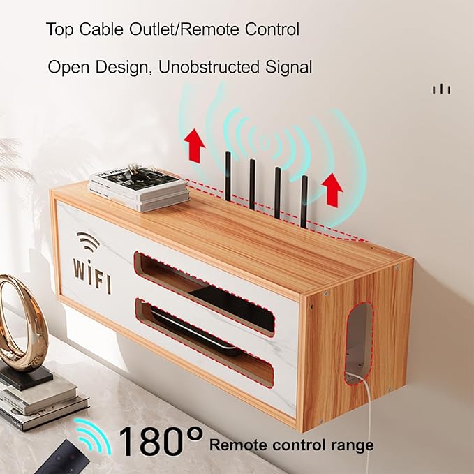 Wall Mount WiFi Router Box, WiFi Router Storage Cabinet, Power Strip and Cable Management Hider Rack, Invisible Storage, for Living Room, Office, Bedroom(Brown)