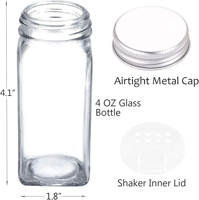 SWOMMOLY 25 Glass Spice Jars with 703 Spice Labels, Chalk Marker and Funnel Complete Set. 25 Square Glass Jars 4OZ, Airtight Cap, Pour/sift Shaker Lid