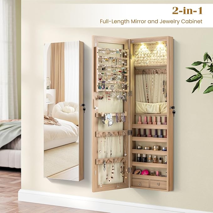Giantex Wall or Door Mounted Jewelry Armoire with 47.5" Full Length Mirror, Lockable Cabinet with 2 LED Lights, 2 Drawers, Over the Door Large Jewelry Storage Organizer (Light Oak)
