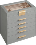 SONGMICS Jewelry Box Organizer with Glass Lid, 6-Layer Jewelry Storage, with 5 Drawers, Modern Style, Christmas Gift, 6.4 x 9.9 x 11.4 Inches, Dove Gray and Gold Color UJBC171G01