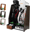 Golf Bag Organizer Rack – Large Wooden Golf Storage for 2 Bags, Clubs & Accessories with Dustproof Drawer, Sports Equipment Rack for Garage, Practice Room, Home or Office (Black)