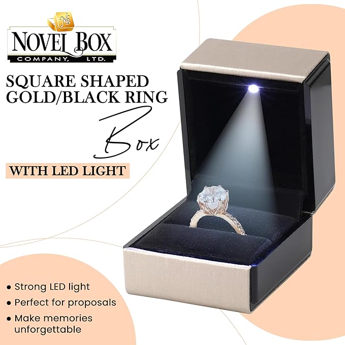 Novel Box Square Shaped Gold Ring Box With LED Light 2.25X2X2.5 Inches - Jewelry Ring Case Best for Jewelry Displays - Gift Boxes for Mother's Day, Engagement, Anniversary & more Happy Occasions