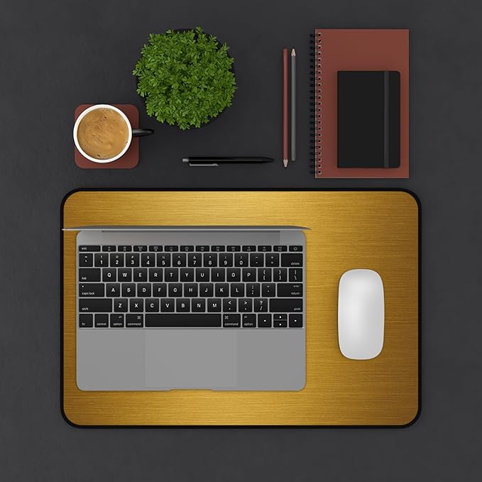 Brushed Metal Texture Desk Mat - Extended Mouse Pad & Desk Pad, Neoprene Surface, Non-Slip Rubber Base, Stitched Edges, Desk Protector for Keyboard & Mouse (Gold, 12x18)
