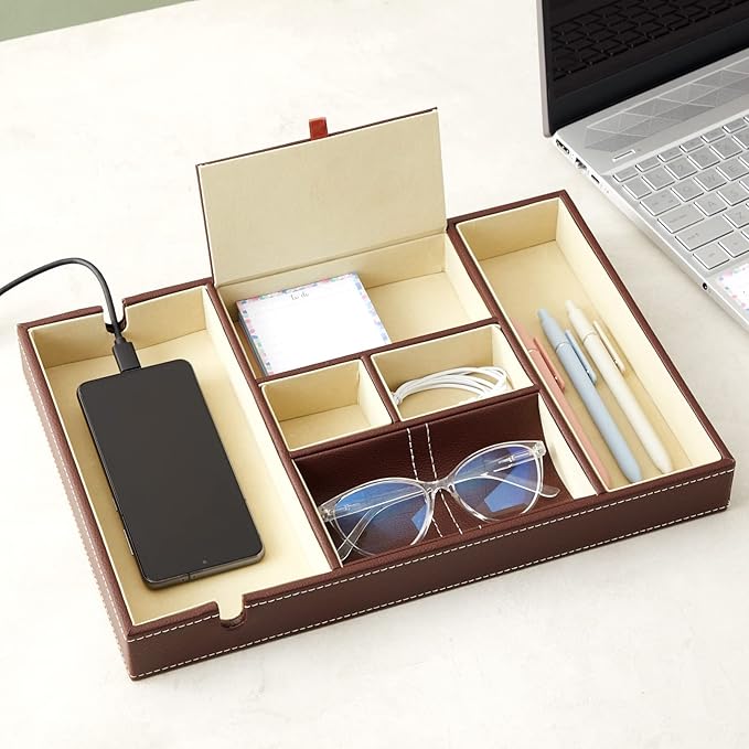 Juvale Rectangular Catchall Tray - 6-Compartment Nightstand Organizer - Polished Key Bowl - Portable Drawer Organizer - Brown Faux Leather