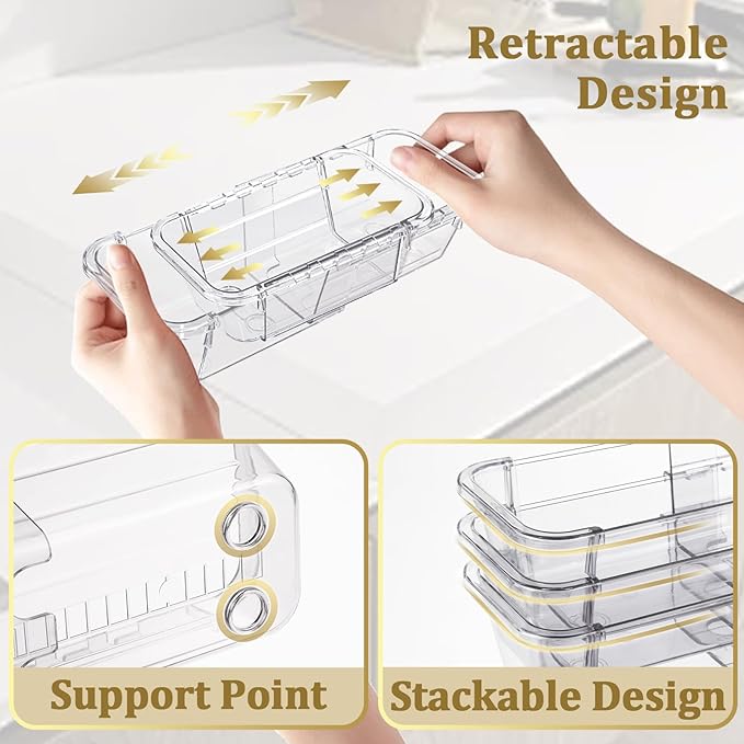 20 Pcs Adjustable Clear Drawer Organizer, Extendable Vanity Storage Bins, Desk Drawer Organizer Set for Makeup, Cosmetics, Bedroom, and Gadgets, Clear