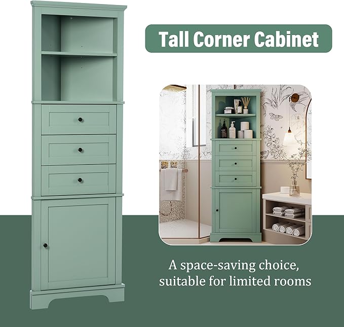 68.9" Tall Triangle Corner Cabinet with 3 Drawers & Adjustable Shelf, Freestanding Storage Cabinet,Water-Resistant, Anti-Tip Design,Space-Saving Organizer for Bathroom, Kitchen, Living Room, Green