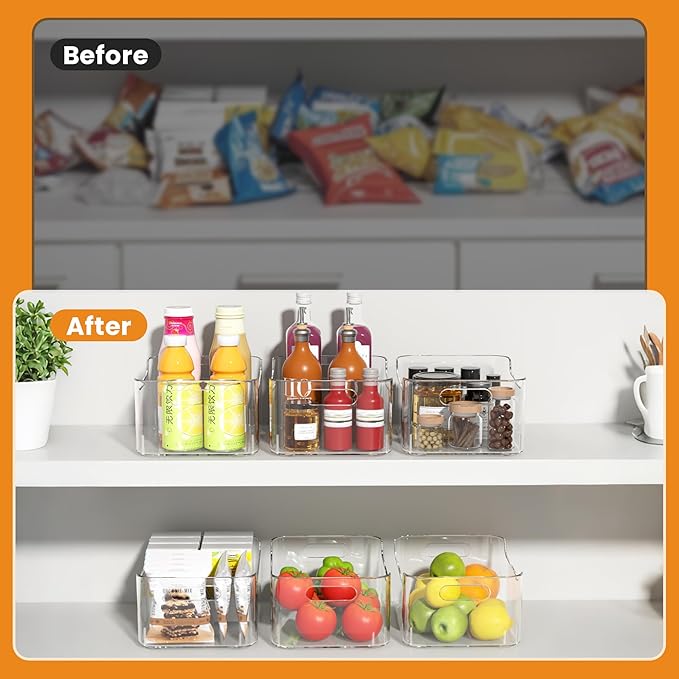 Clear Plastic Storage Bins-Pantry Organizers & Storage Containers-Refrigerator Organizer Bins with Handle - Home Organization Must Haves for Kitchen(Clear 6 Pack-Large)