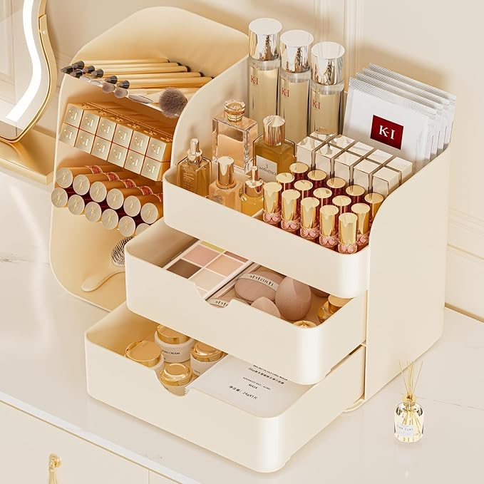 Makeup Organizer with Drawers,Large Capacity Countertop Organizer for Vanity,Bathroom and Bedroom Desk Cosmetics Organizer,Easy To Storage Skincare,Brushes, Eyeshadow,Lipstick (All Cream, Large)